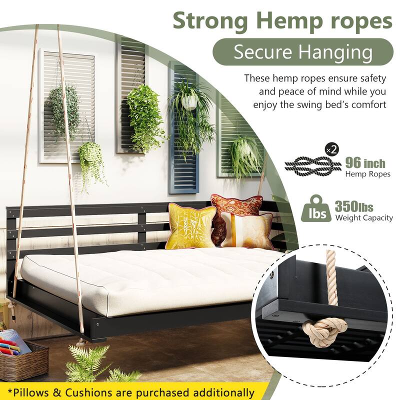 Topmax Acacia Wood Porch Swing Bed For Outdoor With Hemp Ropes - Full Size Patio Hanging Bed (Excluding the table) - Black