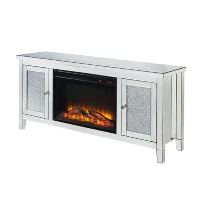 TV Stand with Electric Fireplace and Mirror Panel Framing, Silver