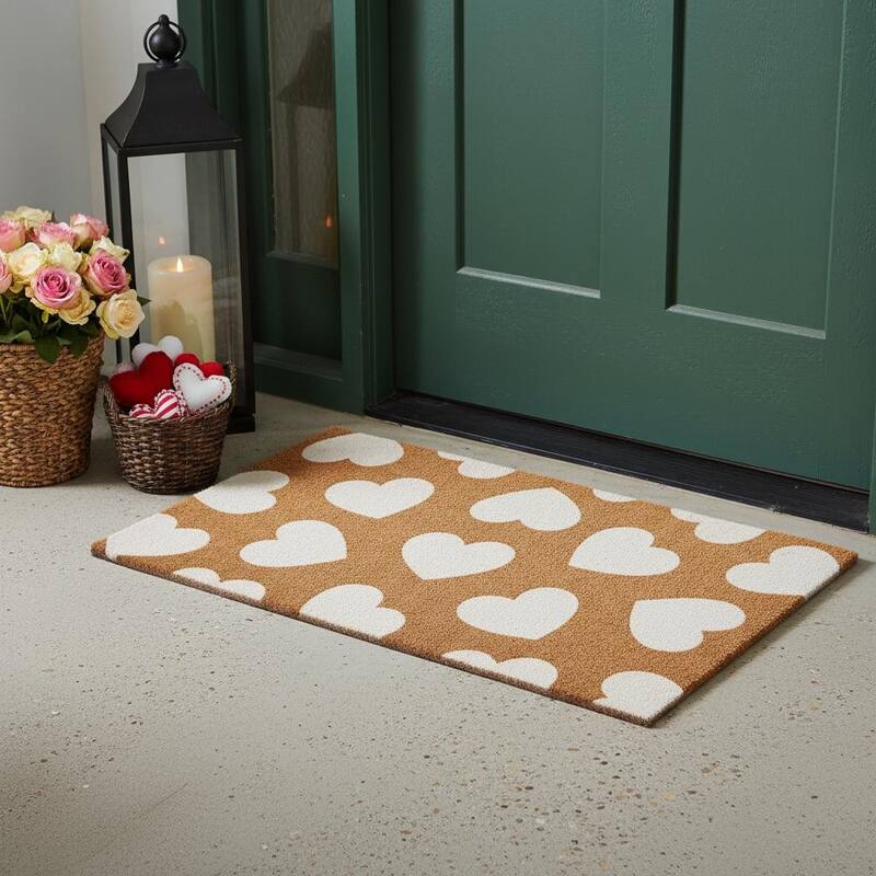 HomeRoots 24" X 36" Brown And White Hearts Outdoor Coir Door Mat - 24.00' X '36.00 - 24.00' X '36.00