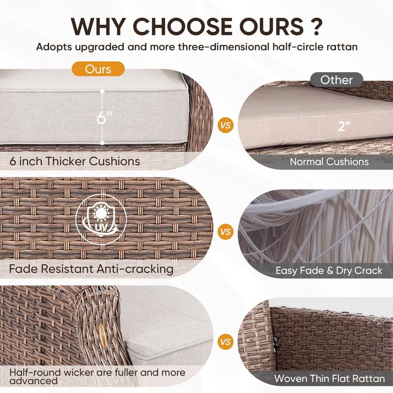 Pocassy Patio 7 Piece Sofa Swivel Chair Ottoman with Fire Table