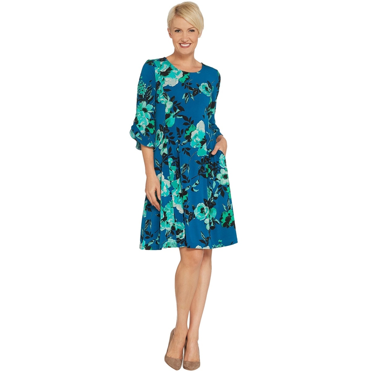 susan graver printed liquid knit elbow sleeve dress