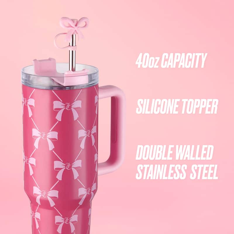 Juicy Couture Jetsetter Hydration Stainless Steel Tumbler with Handle and Straw With Topper