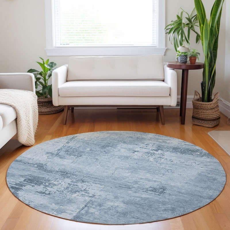 Machine Washable Indoor/ Outdoor Abstract Modern Chantille Rug - Denim - 8' x 8'