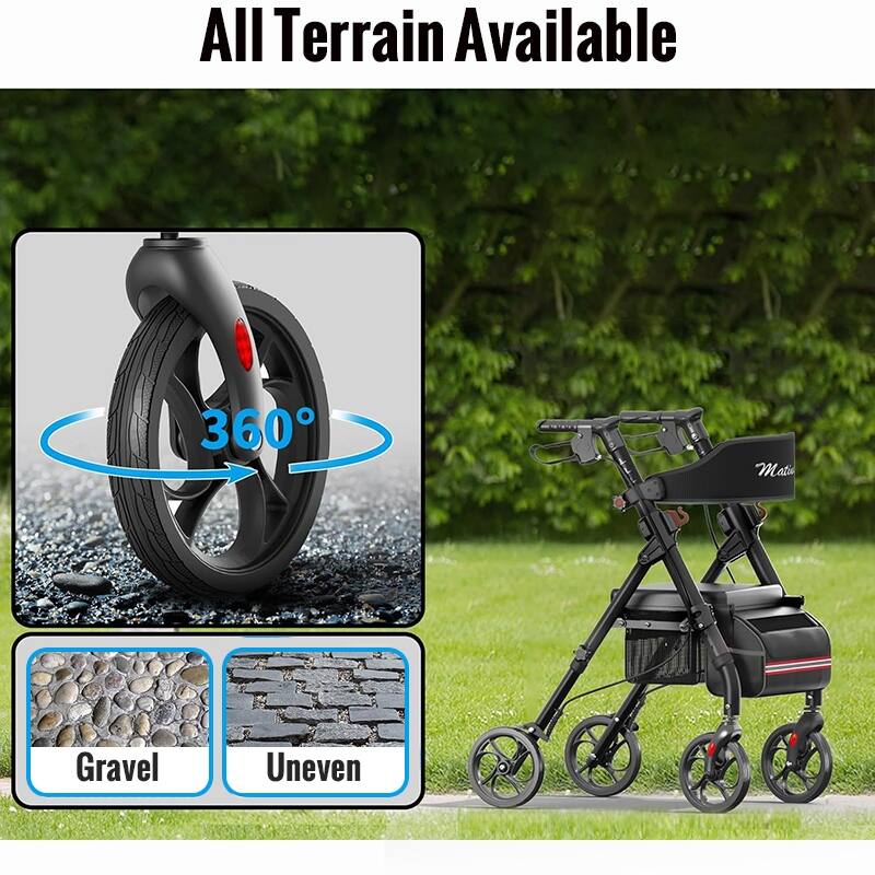 Matinal Foldable Rollator Walkers with Seat for Seniors, 350 lb Capacity, 8'' Big Wheels, 6-Position Height