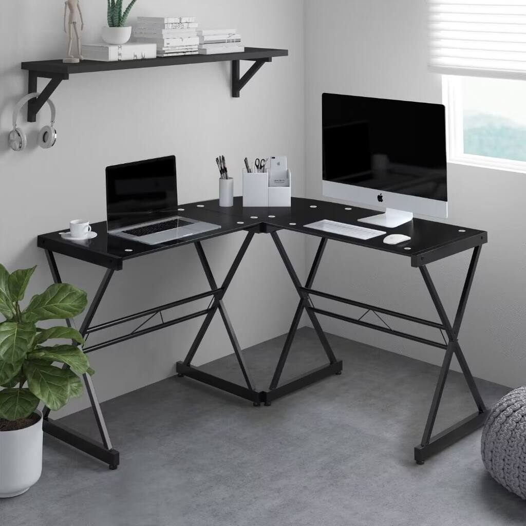 L-Shaped Glass Computer Desk, Black