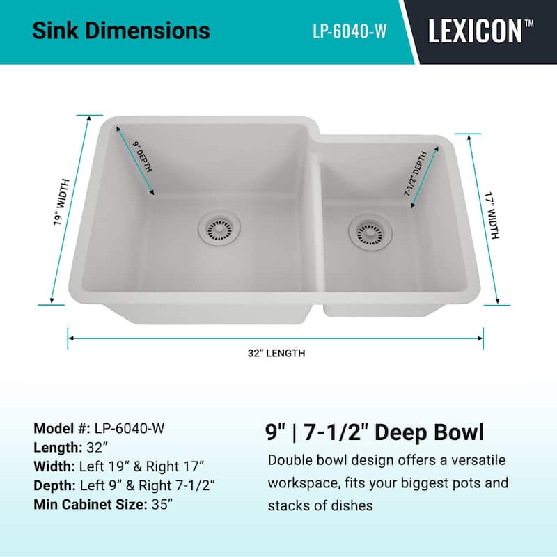 Lexicon Platinum Quartz 60/40 Double Bowl Kitchen Sink