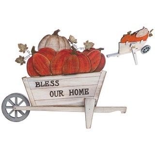 Wooden Pumpkins On Wheel Barrow Decor Stand (Bless Our Home)