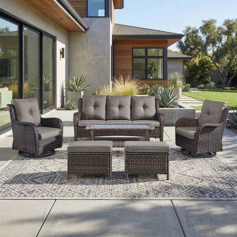 Pocassy Outdoor Patio Wciker Sofa Furniture Set of Chair Table. - Brown Wicker with Gray Cushion - 6-Piece Sofa Swivel Chair Ottoman w/ Table