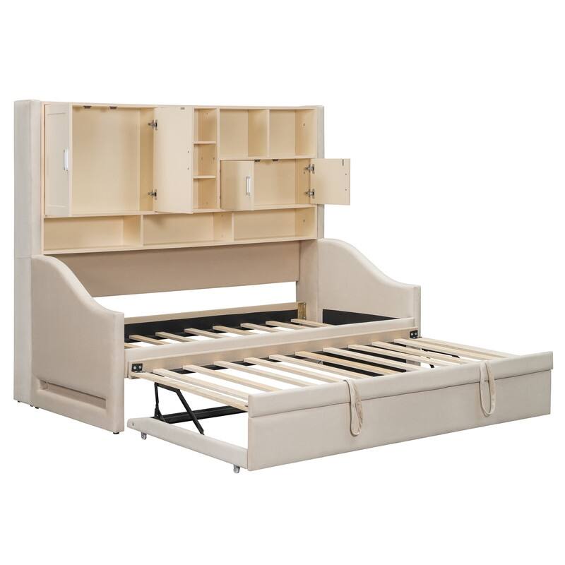 Twin Size Upholstered Daybed with LED Armrest Lights, Shelves & Cabinets, Twin Trundle
