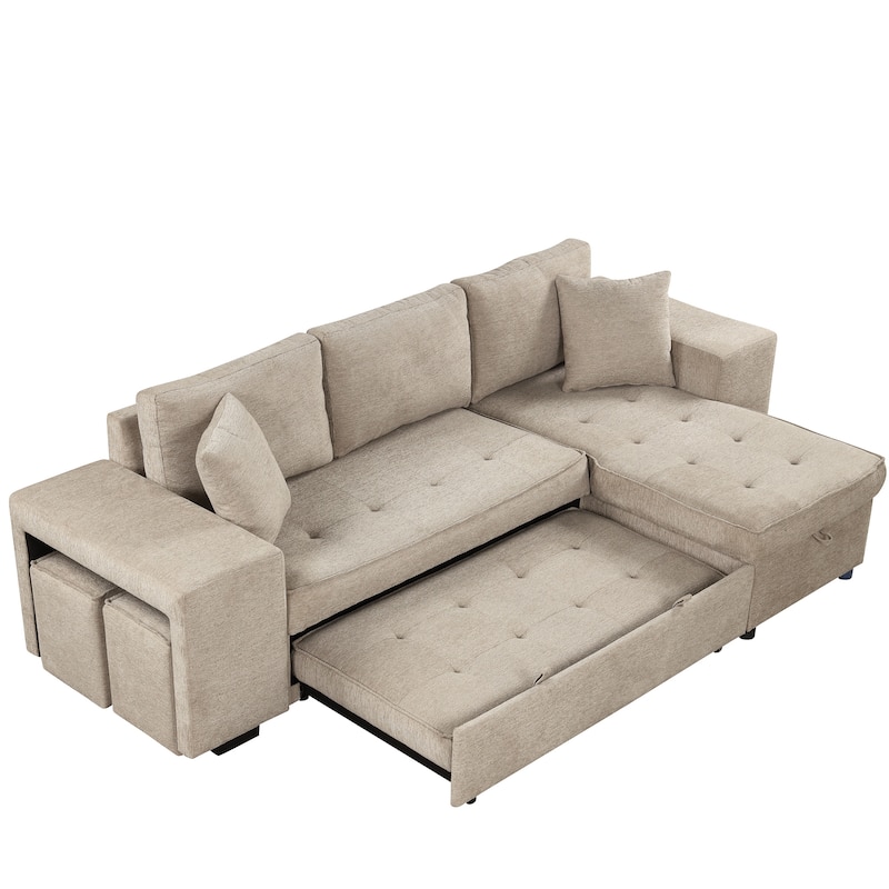 104.5" Charcoal L-Shaped 3-Seater Convertible Sofa with Pull-Out Bed, Storage Chaise, and 2 Convenient Stools for Living Room