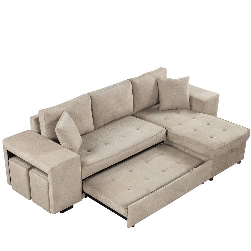 Convertible Sleeper Sectional Sofa, Reversible Sofa with Pull-Out Bed, Storage Chaise & 2 Stools, Linen Upholstered 4 Seat Sofa