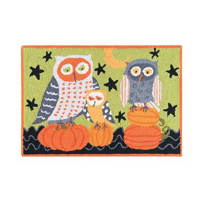 Hootenanny Owls Pumpkin Wool Halloween Hooked Rug