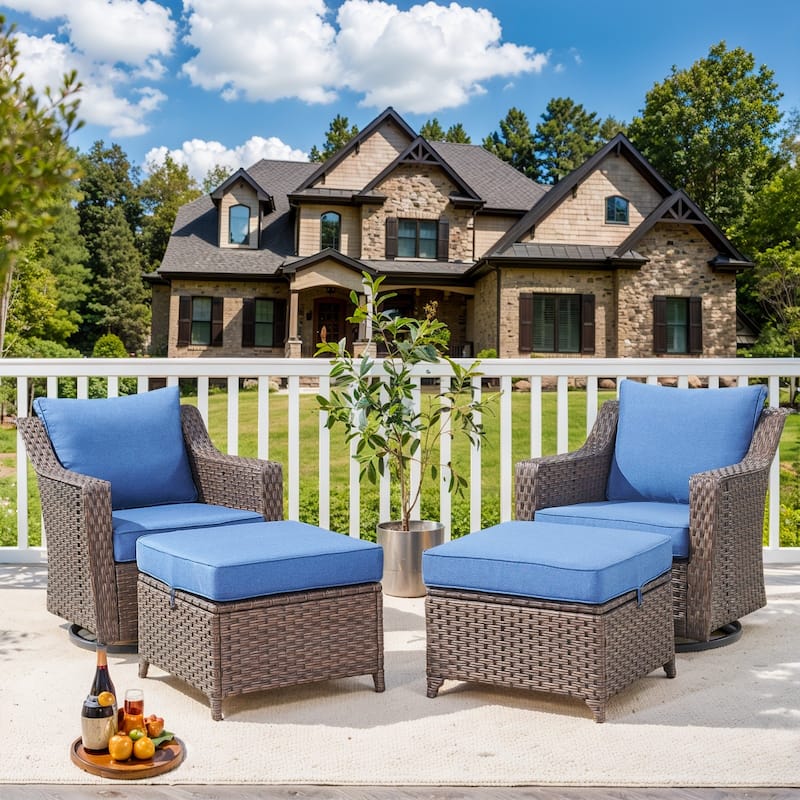 Outdoor Rattan Gliding Chair with Ottomans - Brown - Blue - Brown