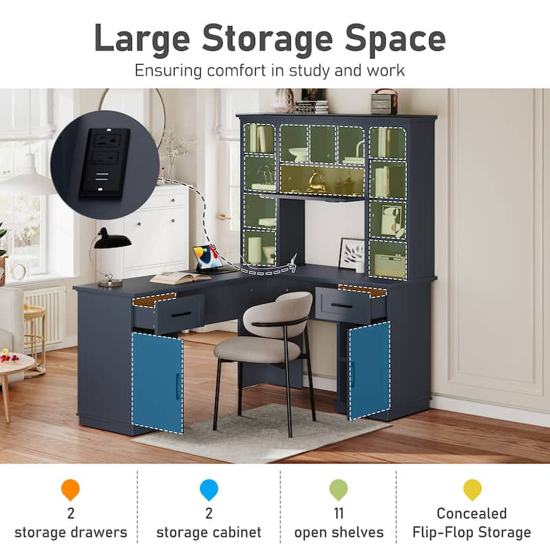 L-Shaped Computer Desk with 2 Cabinets and 2 Drawers,11 Open Shelves,with Electrical Outlet,for Study,Living Room and Office