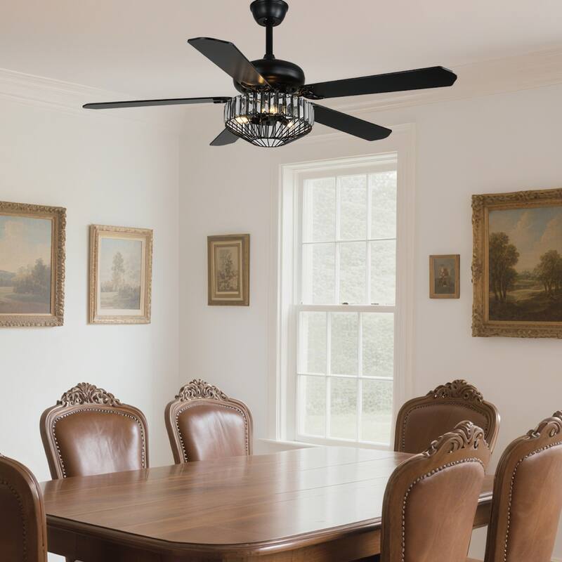 42"/52" Modern Crystal Ceiling Fan with Light, 5 Wood Blades, DC Motor, Remote, Dual Downrods