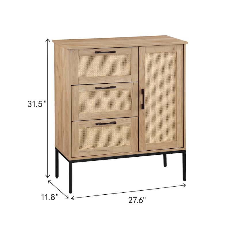 Mid-Century Storage Cabinet with 3 Drawers and Rattan Doors, Adjustable Shelves, Solid Wood Legs for Living or Dining Room