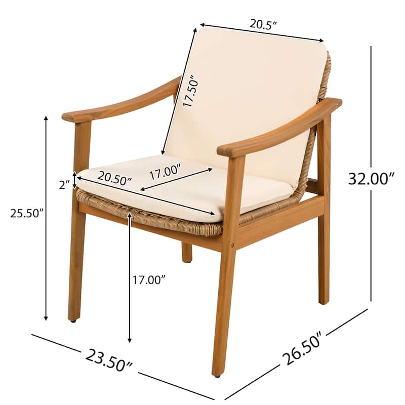 Set of 2 Outdoor Acacia Wood and Wicker Dining Chairs with Cushions