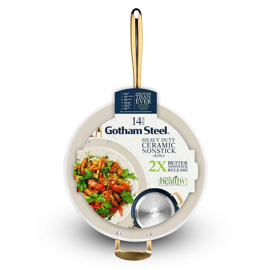 Gotham Steel Navy 14” Nonstick Frying Pan Skillet with Helper Handle and Gold Stay Cool Handle
