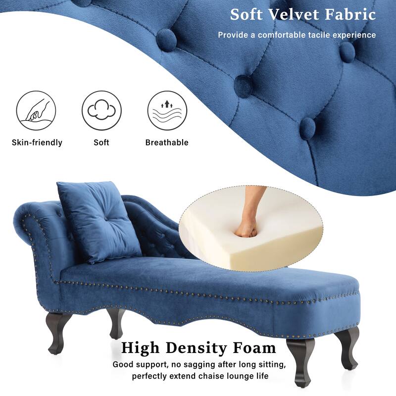 Christopher Knight Home - Bressi Modern Velvet Upholstered Chaise Lounge with Tufted Backrest, Nailhead Trim & Pillow