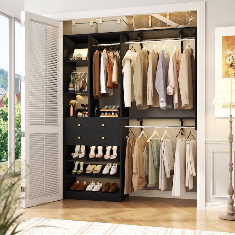 Grimm 5FT Small Closet System with Drawers, 60" Closet Organizer System with Reversible Hanging Shelving - Black