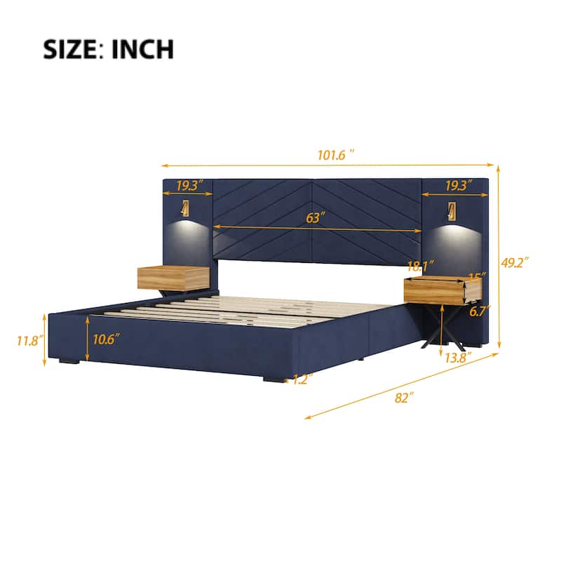 Velvet Bed with Channel Tufted Wingback Headboard & Wooden Slats