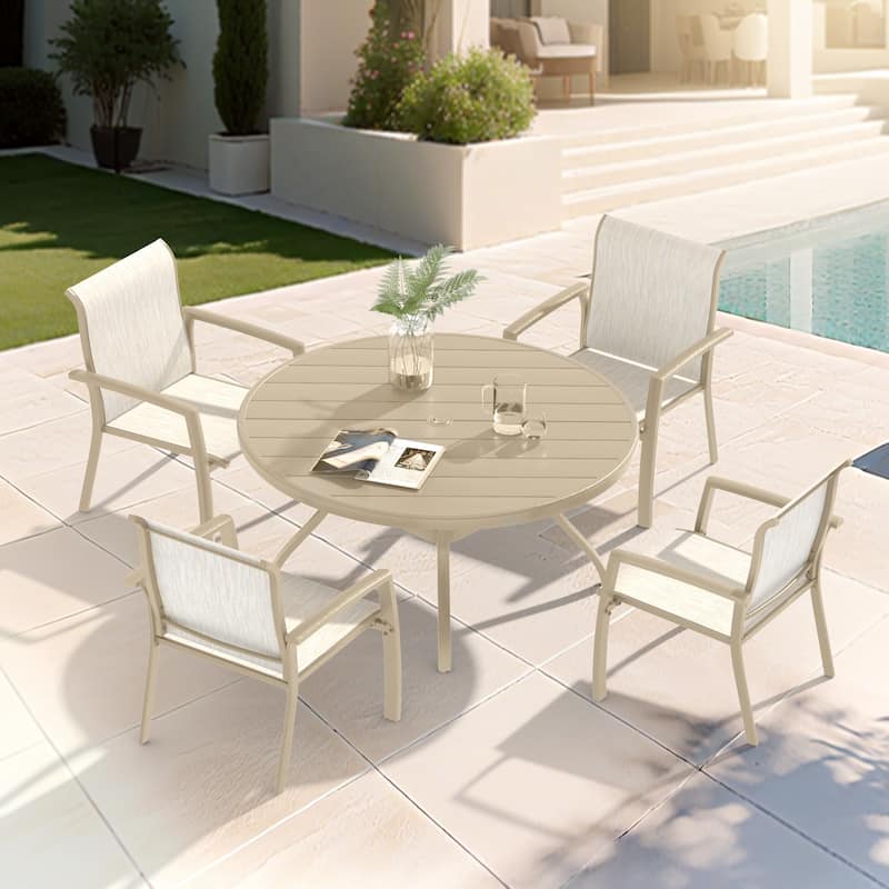 5-Piece Outdoor Dining Set‌ – Includes 4 Stackable Chairs & 40.6" Round Metal Table. - Sandstone