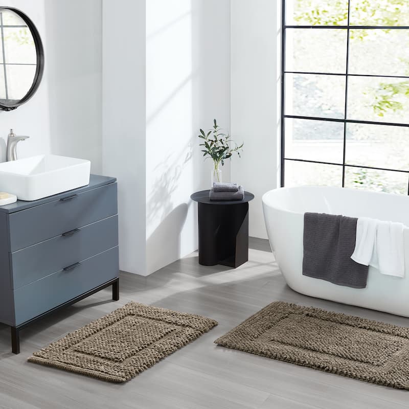 Sophie Border Ultra-plush Chenille Non-Slip Cotton Bath Mat (Set of 2) - 17 x 24 / 20 x 32 - Brown Cappuccino