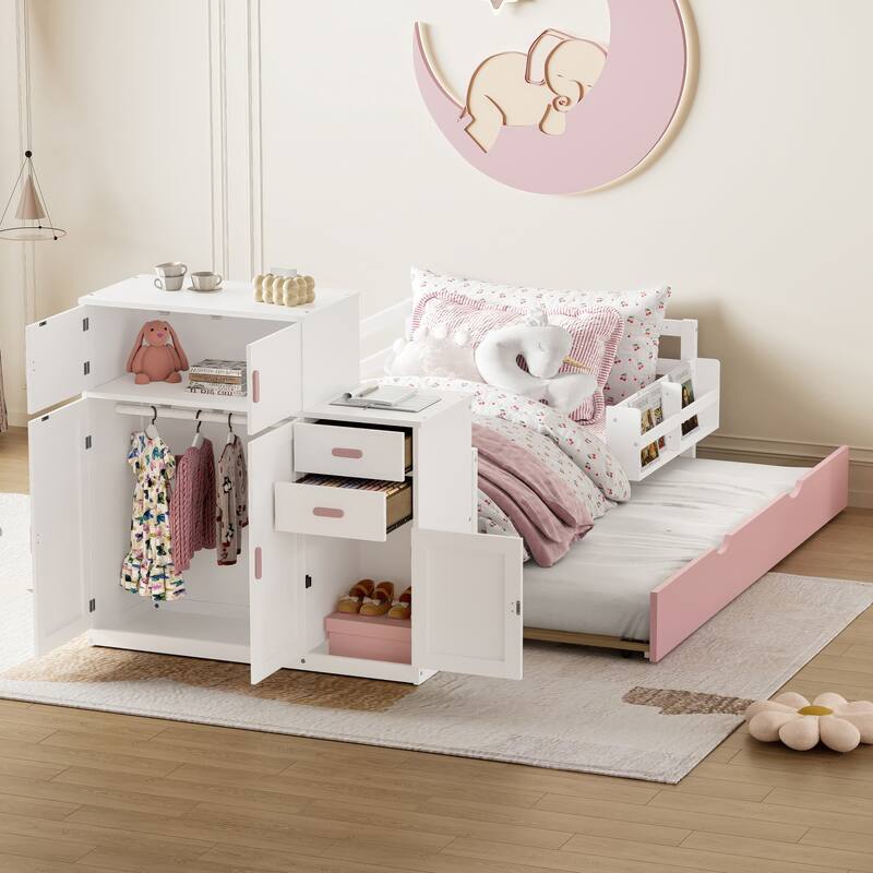 Twin Size Platform Bed with Bookshelf, Movable Wardrobe, Storage Cabinet, Drawer and Pull-out Trundle Bed, Wood Daybed Frame - Pink White - Twin