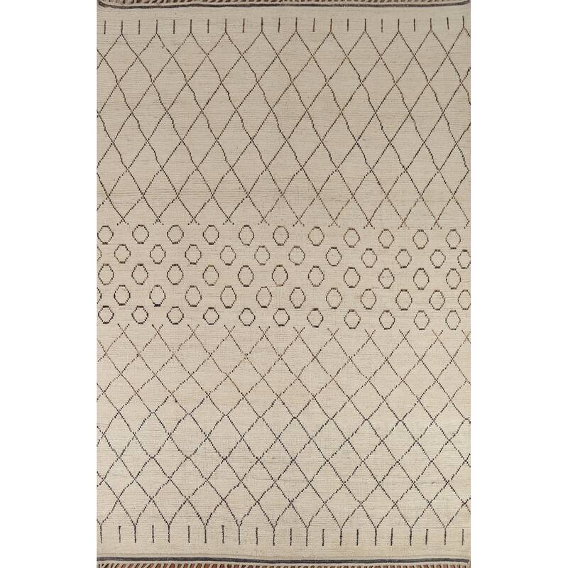 Ivory Trellis Moroccan Rug Hand-Knotted Striped Wool Carpet - 8'1"x 10'4"