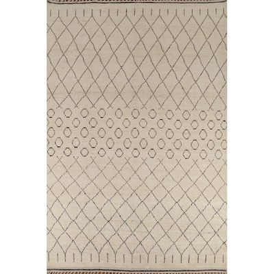 Ivory Trellis Moroccan Rug Hand-Knotted Striped Wool Carpet - 8'1"x 10'4"