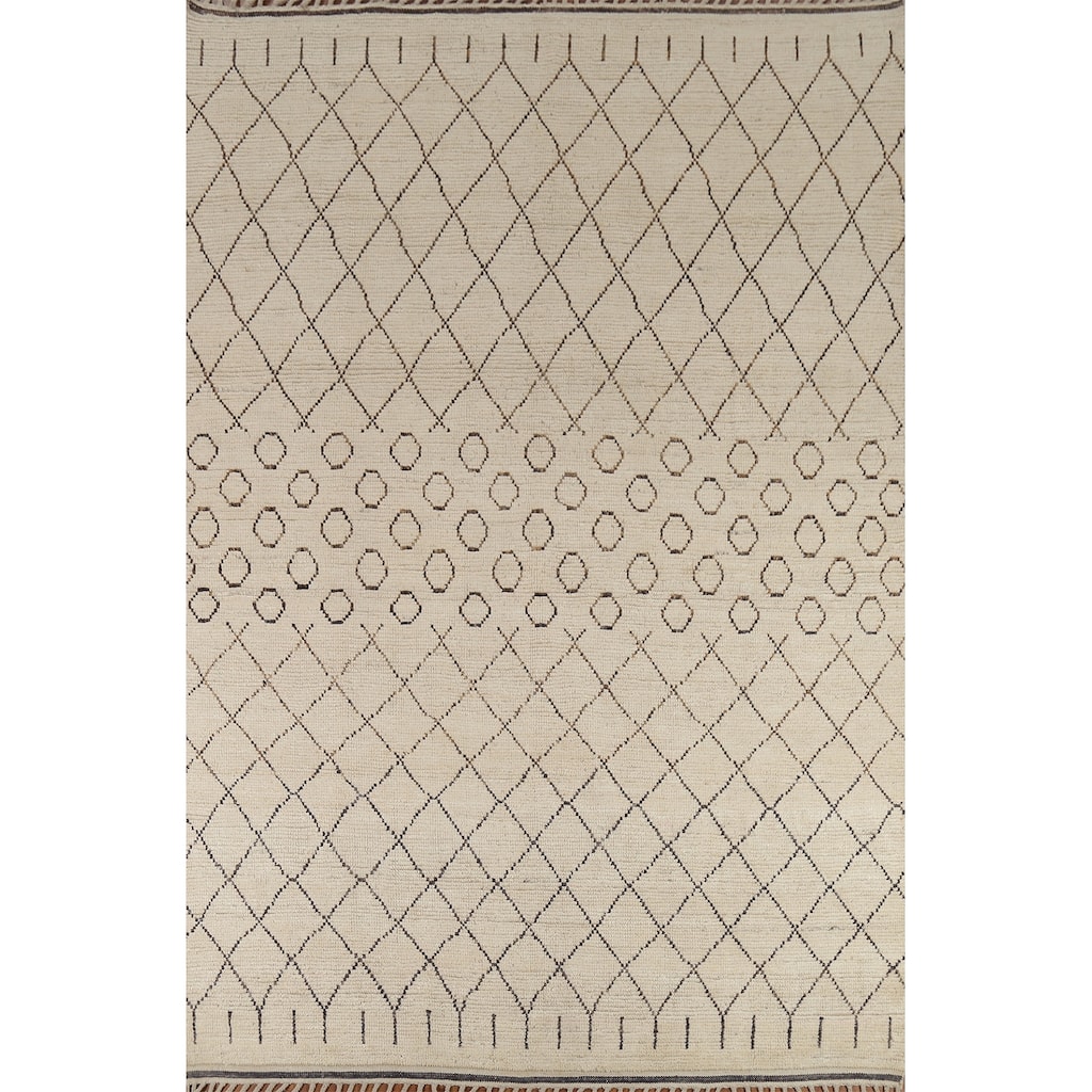 Ivory Trellis Moroccan Rug Hand-Knotted Striped Wool Carpet - 8'1"x 10'4"