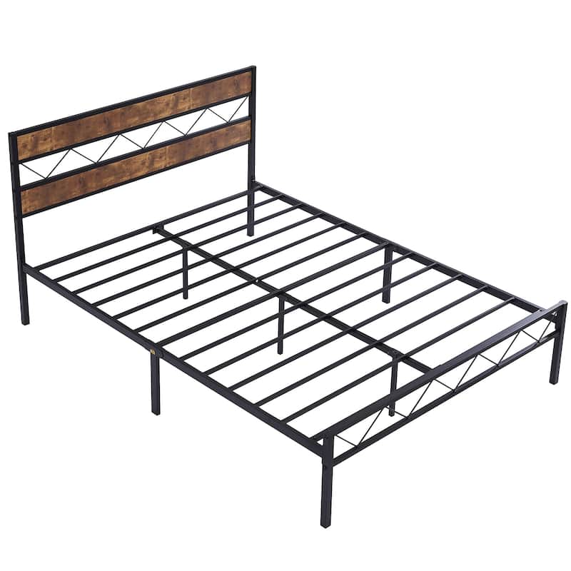Metal Bed Frame with Brown Wooden Headboard, No Box Spring Needed