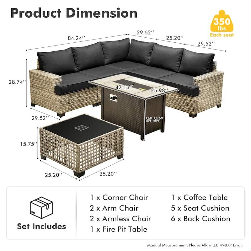 XIZZI 7 Pieces Patio Furniture Wicker Sectional Sofa Set with Fire Pit Table
