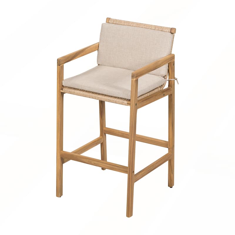 Wood Outdoor Barstool with Beige Cushion Set of 2