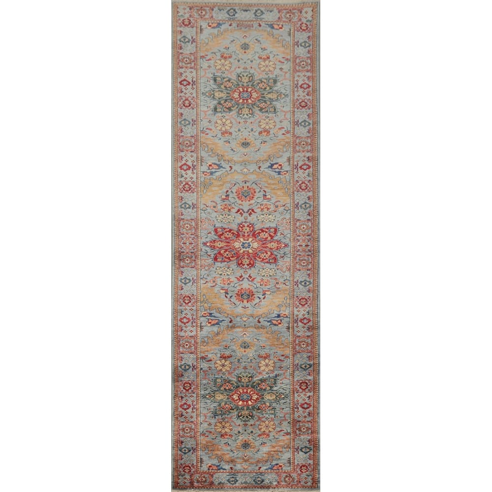 Hand Knotted Oriental 100% Wool Carpet Traditional All-Over Greys & Charcoal Ziegler Runner Rug - 11' 5'' X 2' 6''