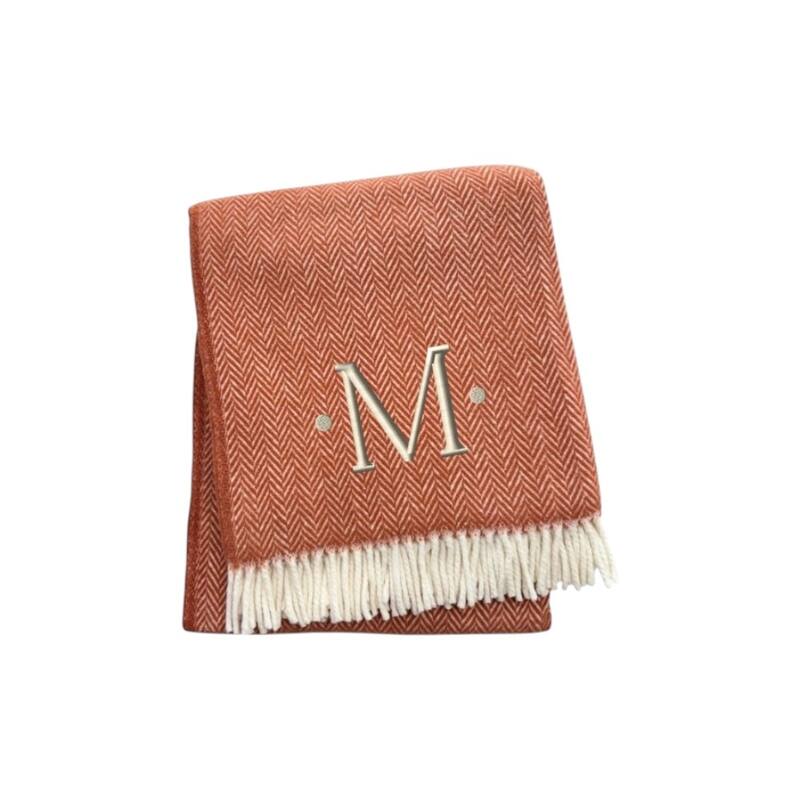 55" X 70" Terra Cotta And White Herringbone Cotton Blend S Initial Throw Blanket with Tassels And Embroidery - M