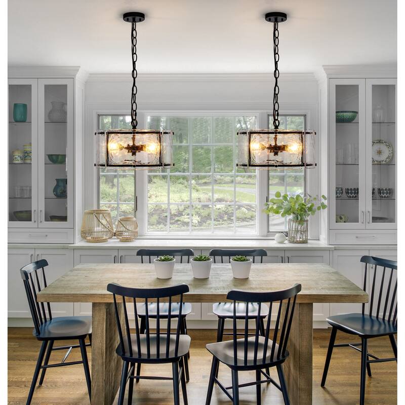 3 - Light Farmhouse Lantern Ripple Glass Drum Chandelier