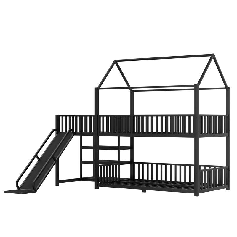 Modern Metal House Bunk Bed with Safety Guardrails, Heavy Duty Metal House Bed Frame with Storage Shelves and Slide