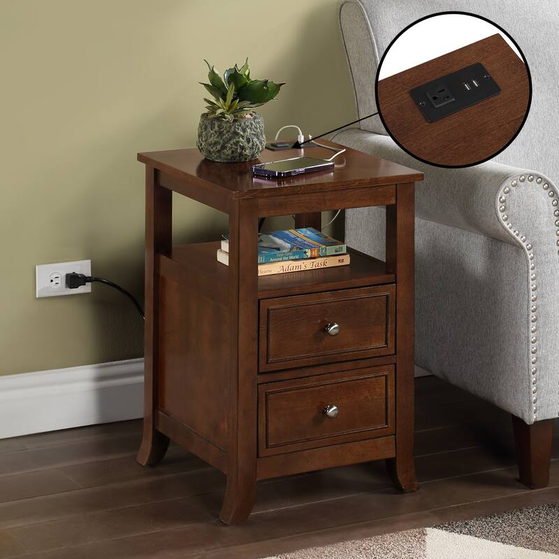Melbourne End Table with Two Drawers, Shelf and Built-In Charging Station, Stylish Accent Side Table with USB Ports and Plug