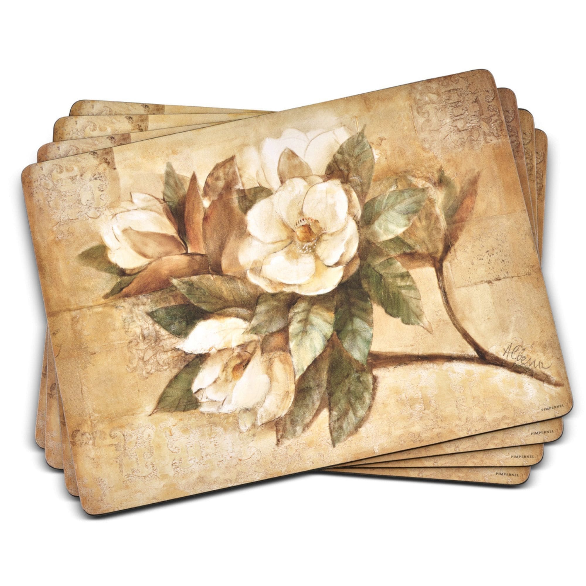 Pimpernel Sugar Magnolia Cork Backed Placemat Set Lacquer Heat Stain Resistant - 15.7 inches x 11.7 each