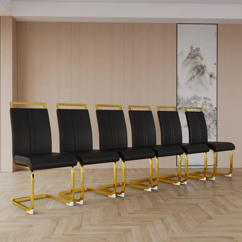 Modern Dining Chairs,PU Faux Leather High Back Upholstered Side Chair with Golden Metal Leg - Set of 2 - Black