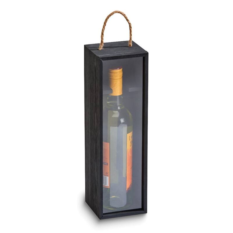 Curata Black Pine Wood Wine Box with Rope Handle and Sliding Acrylic