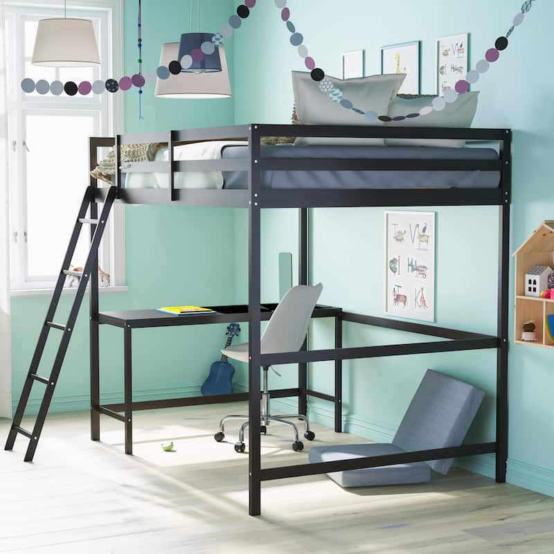 Traditional Wood Slat Loft Bed with Integrated Desk & Ladder