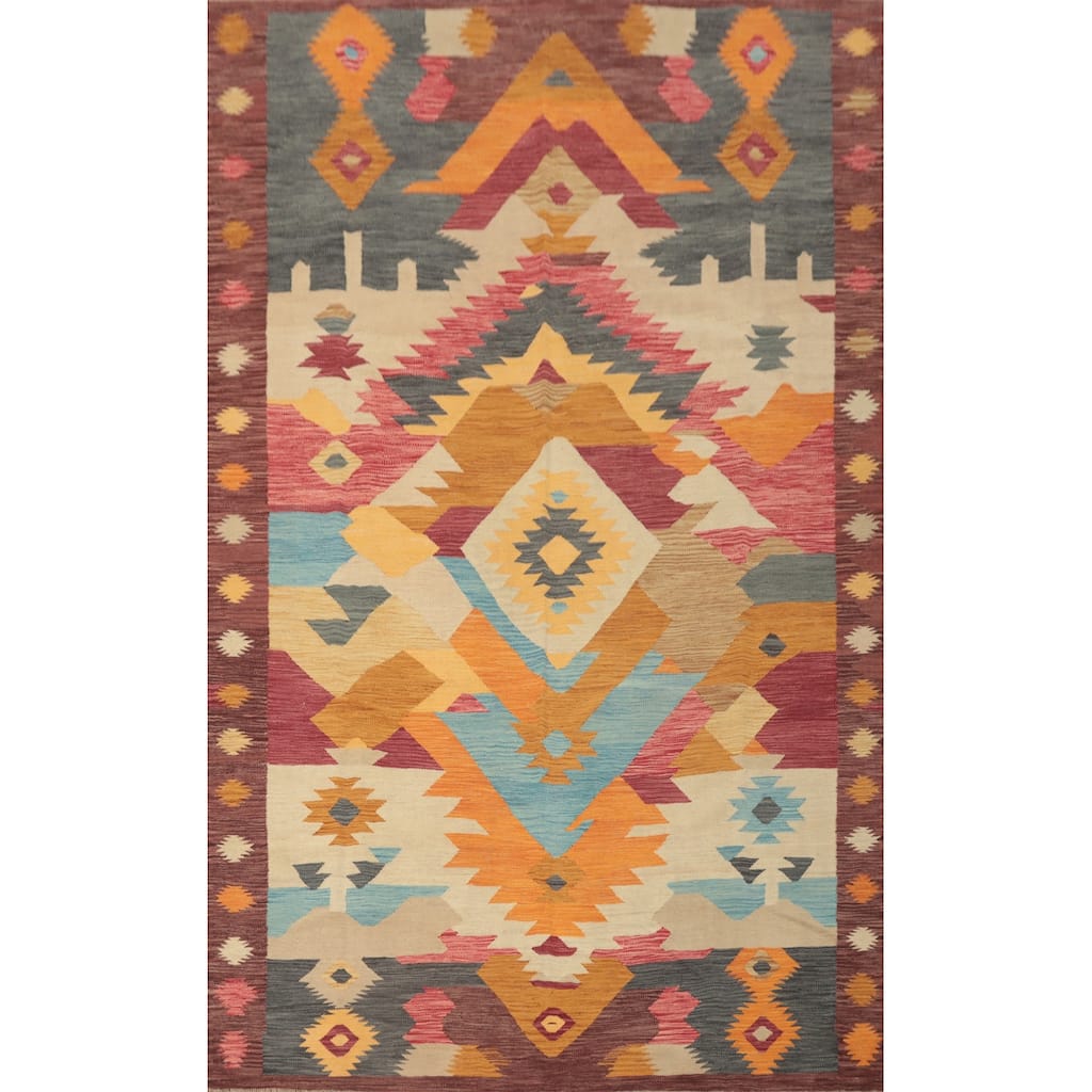 Hand Woven Oriental 100% Wool Carpet Southwestern Tribal Multi-Colored Kilim Area Rug - 9' 10'' X 6' 6''