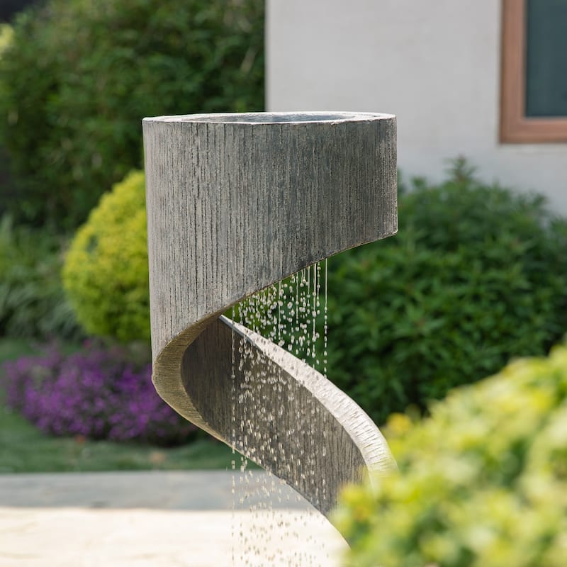 Glitzhome 40"H Modern Minimalist Spiral Oversized LED Polyresin Fountain with Planter