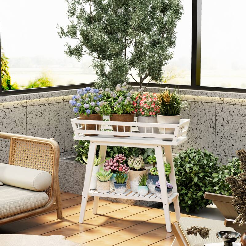 Wooden Rectangular Raised Garden Plant Stand White Modern 2 Tier - 29x10x27 inch