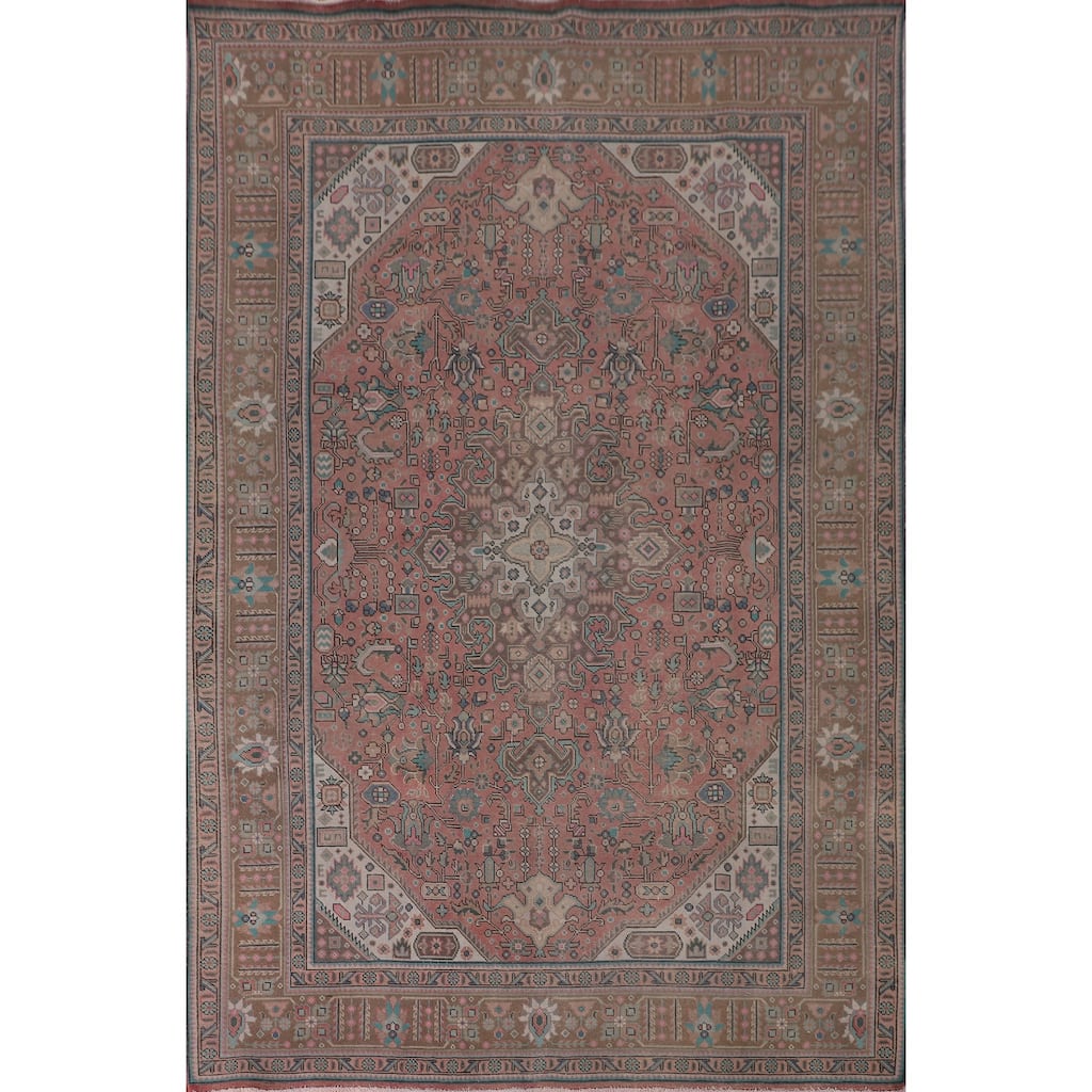 Pink Geometric Tabriz Persian Vintage Area Rug Handmade Wool Carpet - 7'10" x 11'0"
