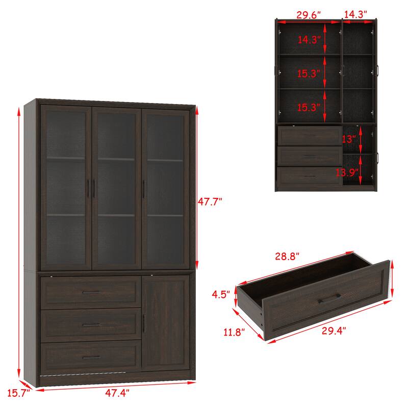 79.6"H Display Bookcase Pantry Cabinet Sideboard with Tempered Glass Doors White/Brown