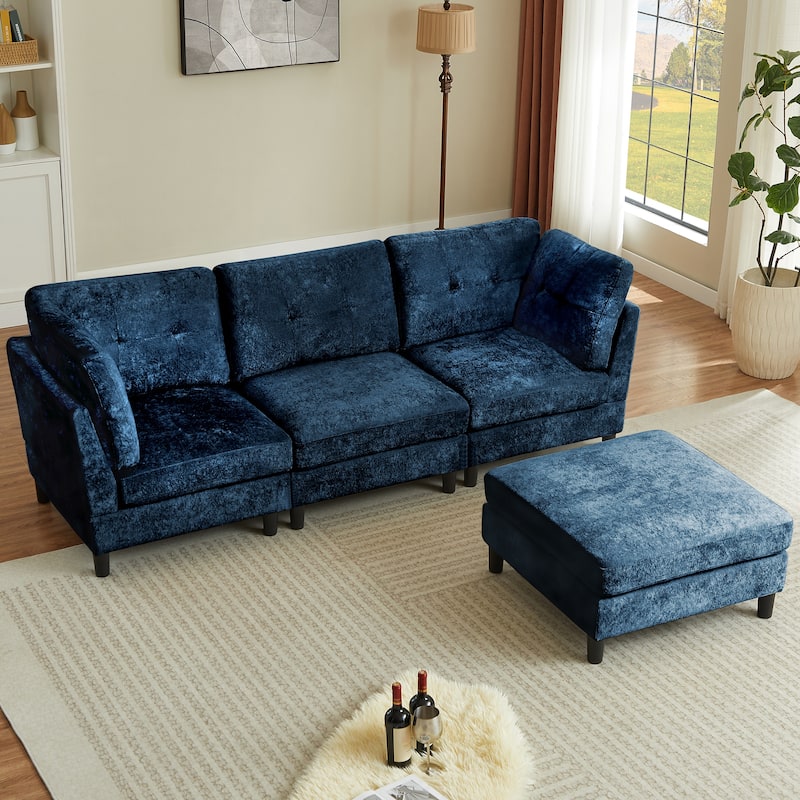 99.4" Chenille High Armrest L Shaped Sofa with Ottoman