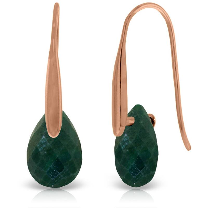 14K Solid Gold Fish Hook Earrings w/ Briolette Emerald Color Corundum - Rose